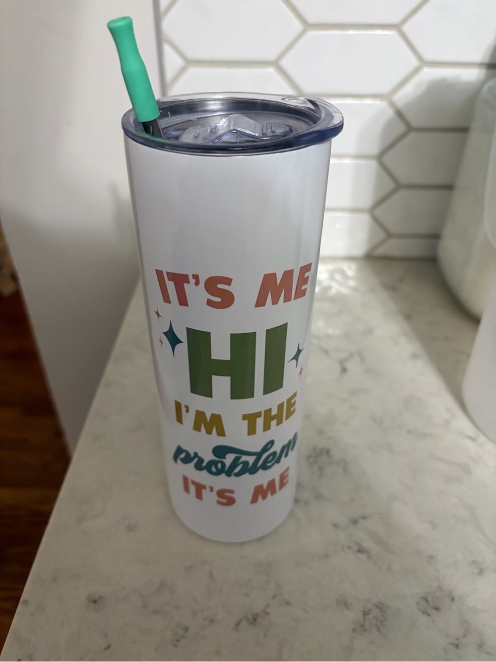 White Stainless Tumbler with Colorful 'Hi I'm the Problem' Text